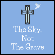 Logo for The Sky, Not The Grave blog. Blue background with a cross and a dove.